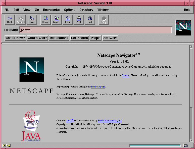 Netscape Navigator 3.01 for Unix About Screen (1996)